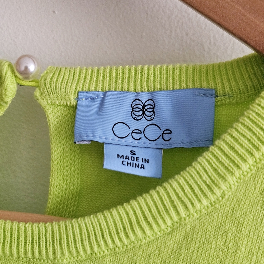 NWT CeCe Puff Sleeve Cotton Crewneck Sweater in Sugar Lime Size Small - Picture 4 of 15